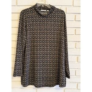 Susan Graver Liquid Knit Ruched Mock Neck Tunic Top Black‎ & Tan Size Medium